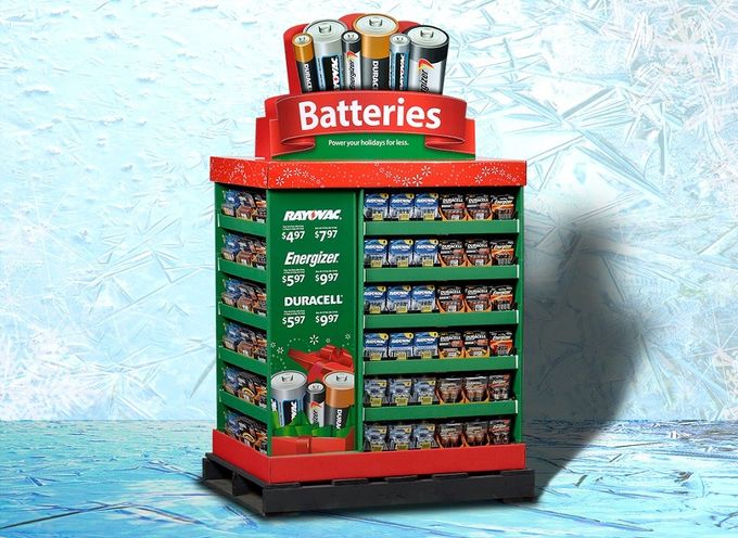 Customized Cardboard Pallet Corrugated 4 ways Display with Shelves For Batteries